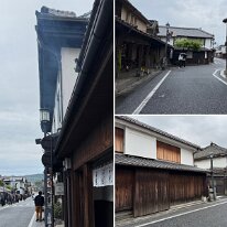 20260414_日田豆田町_1 日田の街並み 写真左は日本丸館 鍵の手に曲がった道
